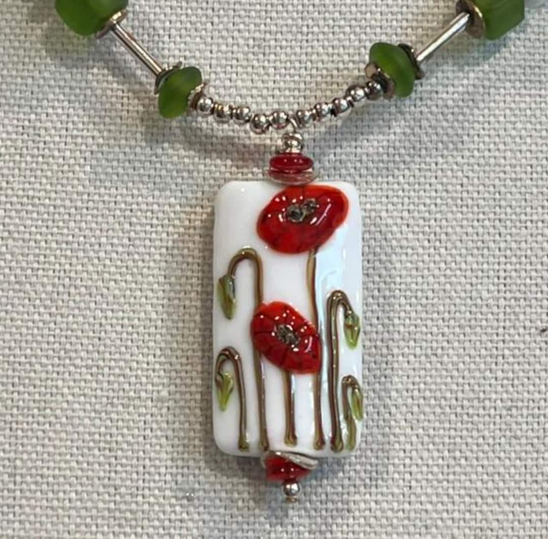 Fire Engine Poppy Fire Engine Red Poppies With Olive Green Stems on a Lampwork Focal Bead ...