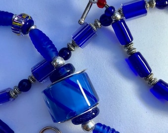 Blue Focal Glass Bead Necklace Handcrafted