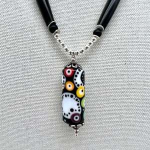 Colorful Circles and Dots on a 1 1/2&quot; Long Barrel Bead on a 23 inch Beaded Necklace (Handcrafted)