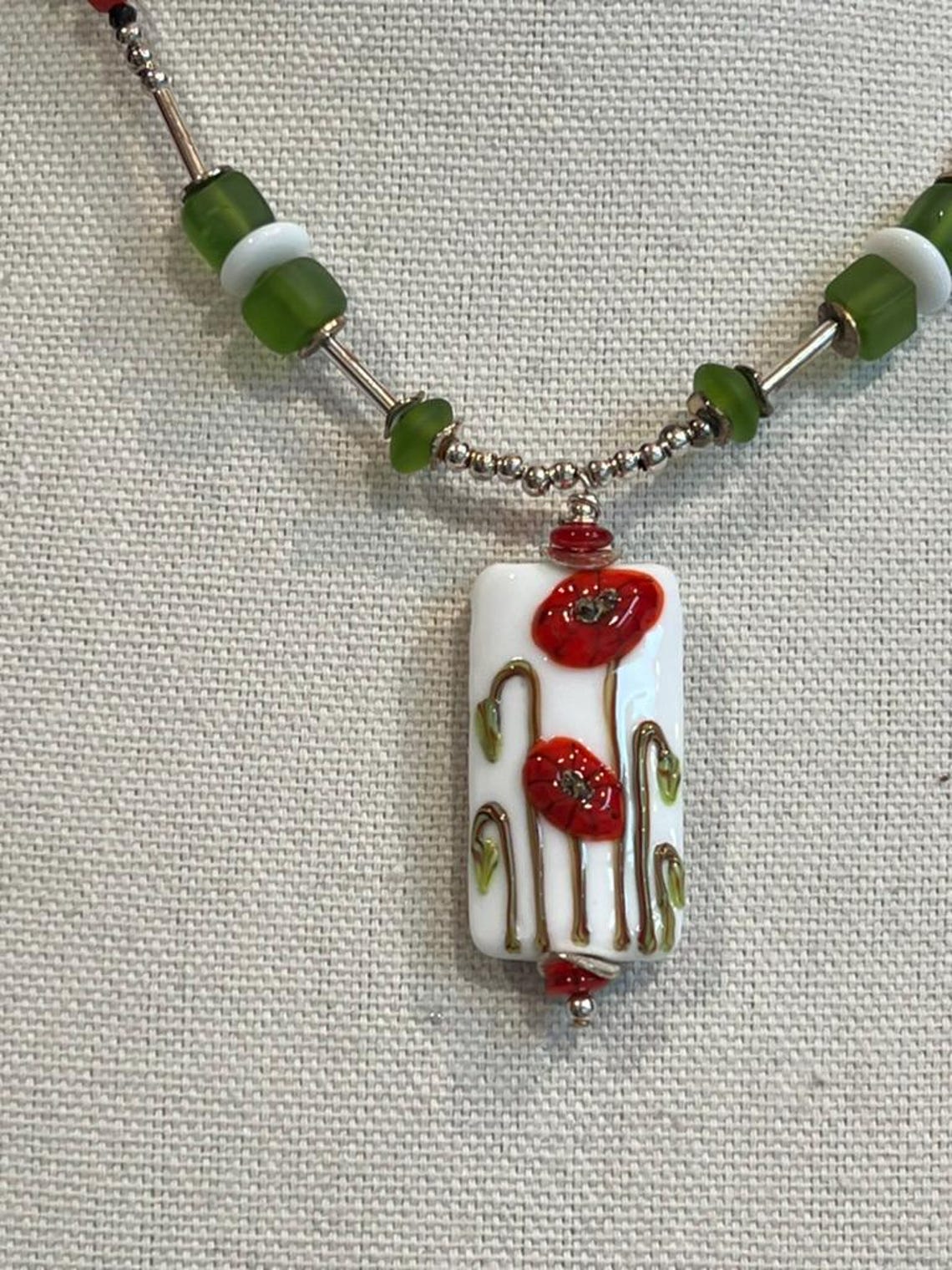 Fire Engine Poppy Fire Engine Red Poppies With Olive Green Stems on a Lampwork Focal Bead ...