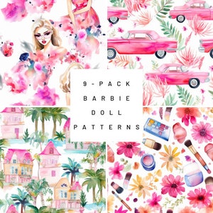 9 Pack Barbie Doll & Barbie Accessories Seamless Patterns Pack Assorted, Watercolor, Makeup, Handbag, High Heels, Dream House, Dream Car,