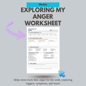 Puede incluir: Una hoja de trabajo titulada "Exploring My Anger Worksheet" con secciones para rastrear los niveles diarios de ira, los eventos de ira máxima, las emociones subyacentes, las habilidades de afrontamiento y las sensaciones físicas. El texto "Weekly" está en la parte superior.