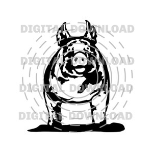 May include: Black and white illustration of a pig standing in a circle of ripples. The pig is facing forward with its mouth open and its ears perked up.