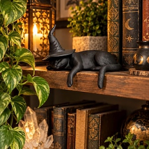 May include: A matte black figurine of a cat wearing a pointed witch hat, depicted in a resting position with its front paws hanging over the edge of a wooden shelf. The cat has a smooth texture and is positioned horizontally on the shelf surface.