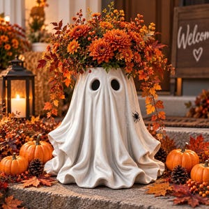 May include: A white ceramic ghost-shaped planter featuring two dark oval eye openings and a small black spider on a web design. The planter is filled with a vibrant arrangement of orange chrysanthemums and autumn-colored foliage.
