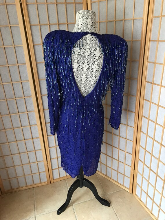 Stunning Heavy Beaded Deep Blue Silk Dress by Des… - image 7
