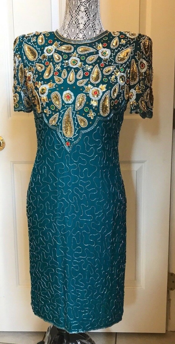 Vintage Lawrence Kazar Silk Bead Dress Green Size 