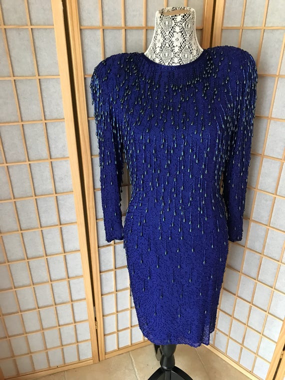 Stunning Heavy Beaded Deep Blue Silk Dress by Dest