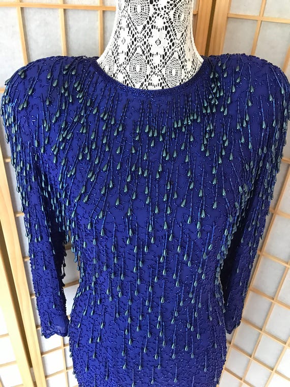 Stunning Heavy Beaded Deep Blue Silk Dress by Des… - image 2