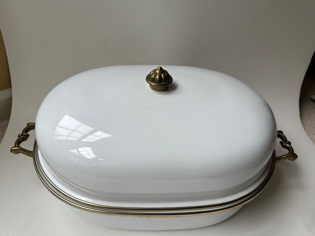 White Enameled Oval Pot With Lid and Brass Handles Vintage Etsy