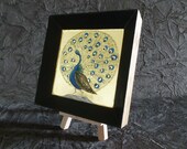Peacock. Gift for him, gift for her, gift for father, gift for mother. Small original egg tempera painting on gold with a black frame