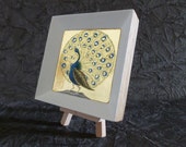 Peacock in a white frame - medieval and renaissance style original miniature egg tempera painting on a gold background