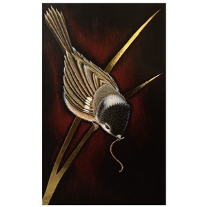 The Early Bird. Egg tempera painting with gold leaf on oak panel.