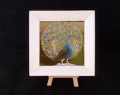 Peacock in a white frame. Mothers day gift, gift for mother, wedding gift. Miniature medieval style painting in egg tempera on gold.