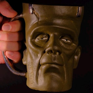 Inspired Frankenstein Mug - Handmade Large Coffee Mug, Horror-Themed Ceramic Mug, 34 oz Ceramic Coffee Mug, Gift Idea for Horror Lovers
