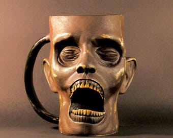 Mummified Monk Head Mug: Handmade Horror Ceramic Coffee Mug