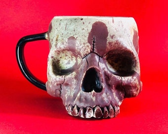 Aztec Skull Mug: Handmade Ceramic Gothic Drinkware, Halloween Decor