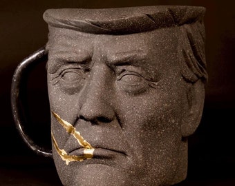 Handmade Trump Head Mug – Granite Look with Gold Blood Effect, Political Art