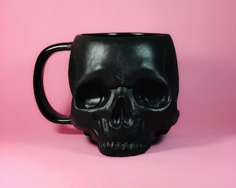 Handmade Matte Black Skull Mug: 30 oz Gothic Coffee Cup