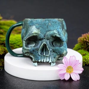 Moss-Covered Skull Mug, 33 oz Handmade Ceramic Coffee Cup, Forest-Inspired Drinkware, Gothic Nature Decor, Moss Texture, Duties Included