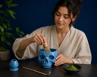 Handmade Blue Skull Matcha Bowl Set, Gothic Tea Ceremony Kit, Japanese Chawan