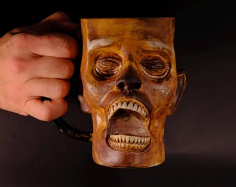 Handmade Mummified Monk Head Mug: Horror Ceramic Coffee Cup (34 oz)