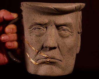Handmade Trump Head Mug, 50oz Anthracite Porcelain with Gold Blood Effect