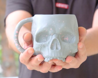 Pink Splash Skull Mug: Large Handmade Ceramic Gothic Coffee Cup