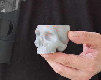 Gothic Skull Espresso Cup: Handmade Ceramic Shot Mug with Orange Splatter