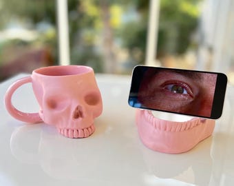 Handmade Pink Skull Mug & Phone Holder Set: Gothic Desk Decor
