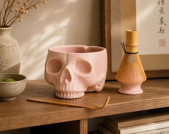 Handmade Pink Skull Matcha Set, Gothic Ceramic Chawan, Pastel Tea Ceremony Bowl