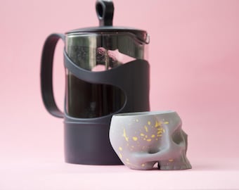Yellow Splatter Skull Espresso Cup: Handmade Gothic Ceramic Shot Mug
