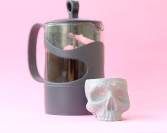 Handmade Skull Espresso Cup: Gothic Ceramic Shot Glass with Pink Splash