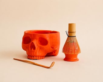 Orange Skull Matcha Bowl Set – Handmade Ceramic Gothic Tea Ceremony Gift