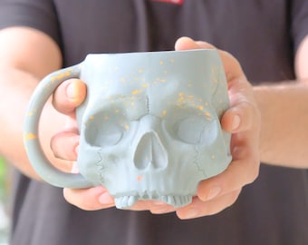 Oversized Skull Mug: Handmade Ceramic Goth Coffee Cup, Orange Splash