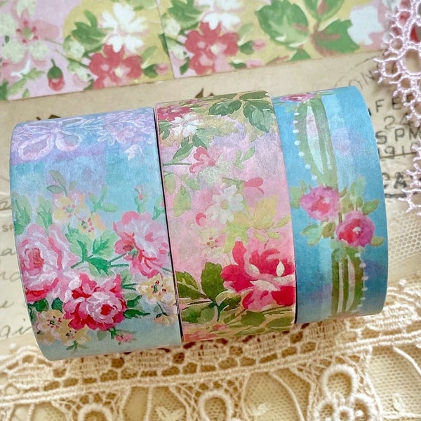 Mother's Pastel Wallpaper Bloom Tape Bundle | Set Of 3 Designer Floral Washi Tape | Vintage Floral Inspired Washi Tape