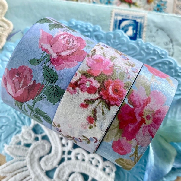 Mother's French Rose Bloom Tape Bundle | Set Of 3 Designer Floral Washi Tape | Vintage Floral Inspired Washi Tape