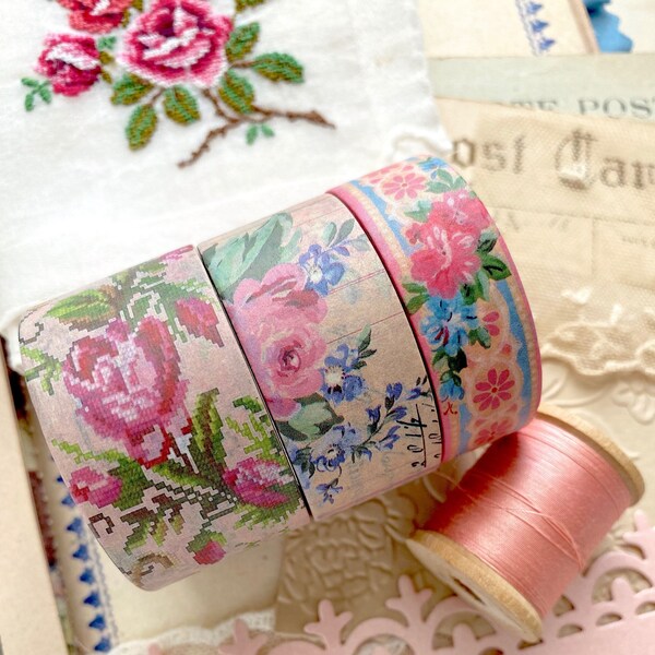 Rosabella's Floral Cross-Stitch Bloom Tape Bundle | Set Of 3 Designer Floral Washi Tape | Vintage Floral Inspired Washi Tape