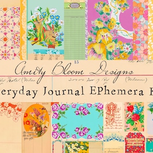 May include: A digital collage sheet with a variety of vintage-style floral patterns, including a floral pattern with yellow flowers and green leaves, a floral pattern with pink flowers and green leaves, and a floral pattern with blue flowers and green leaves. The collage sheet also includes a vintage-style journal page with the text "Everyday Journal Ephemera Kit" and the text "Amity Bloom Designs".