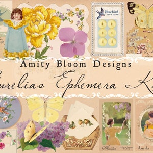 May include: A digital scrapbooking kit with the title "Aurelias Ephemera Kit" by Amity Bloom Designs. The kit includes images of butterflies, flowers, birds, and vintage-style illustrations.
