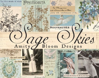 Ciel sage | Papier à poésie décoratif vintage et kit d'artiste pour carnet