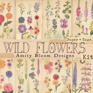 Wildblumen botanische Seiten Kit 1 | Vintage Dekoratives Botanisches Papier & Anhänger Set | 2 Vintage Papierstile