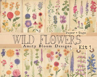 Wild Flower Botanical Pages Kit 1 | Vintage Decorative Botanical Paper & Tag Kit | 2 Vintage Paper Styles