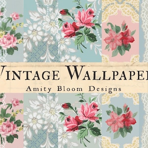 K&ouml;nnte beinhalten: Eine Collage aus Vintage-Tapetenmustern mit floralen Designs in Rosa-, Rot- und Lilat&ouml;nen. Der Text "VINTAGE WALLPAPER" und "Amity Bloom Designs" ist auf einem cremefarbenen Banner zu sehen.