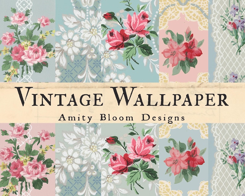 K&ouml;nnte beinhalten: Eine Collage aus Vintage-Tapetenmustern mit floralen Designs in Rosa-, Rot- und Lilat&ouml;nen. Der Text "VINTAGE WALLPAPER" und "Amity Bloom Designs" ist auf einem cremefarbenen Banner zu sehen.