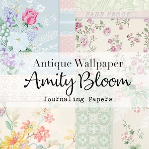 Puede incluir: Un collage de diseños de papel pintado antiguo con patrones florales en colores pastel. El texto "Antique Wallpaper Amity Bloom Journaling Papers" se muestra en el centro de la imagen.