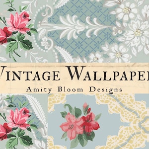 K&ouml;nnte beinhalten: Vintage Tapetendesign mit floralen Mustern, darunter rosa Rosen und wei&szlig;e Blumen, auf hellblauem Hintergrund. Der Text "Vintage Wallpaper" und "Amity Bloom Designs" ist in einer Vintage-Schriftart dargestellt.