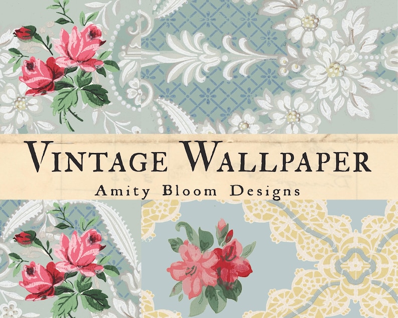 K&ouml;nnte beinhalten: Vintage Tapetendesign mit floralen Mustern, darunter rosa Rosen und wei&szlig;e Blumen, auf hellblauem Hintergrund. Der Text "Vintage Wallpaper" und "Amity Bloom Designs" ist in einer Vintage-Schriftart dargestellt.