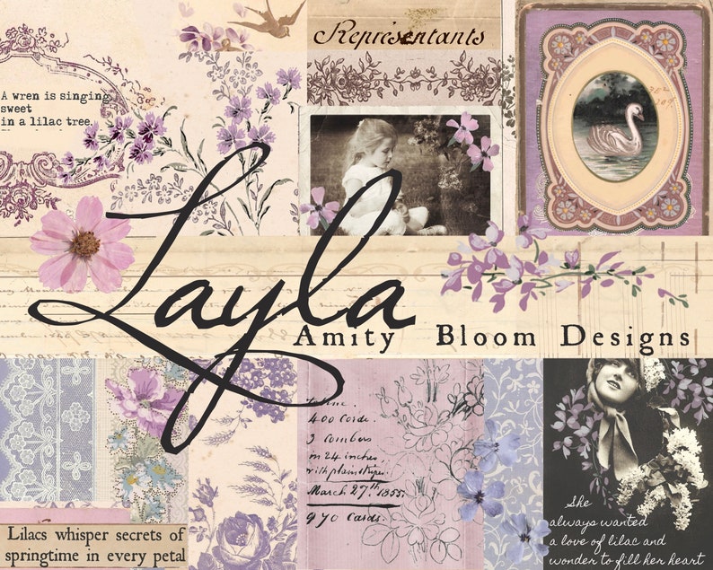May include: A collage of vintage images with a floral theme. The images include a bird, a swan, a girl, and a woman. The text "Layla Amity Bloom Designs" is in the centre of the collage.