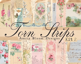 Vintage Torn Paper Strips Kit 2 | 37 Decorative Torn Washi Strips & Collage Paper Kit